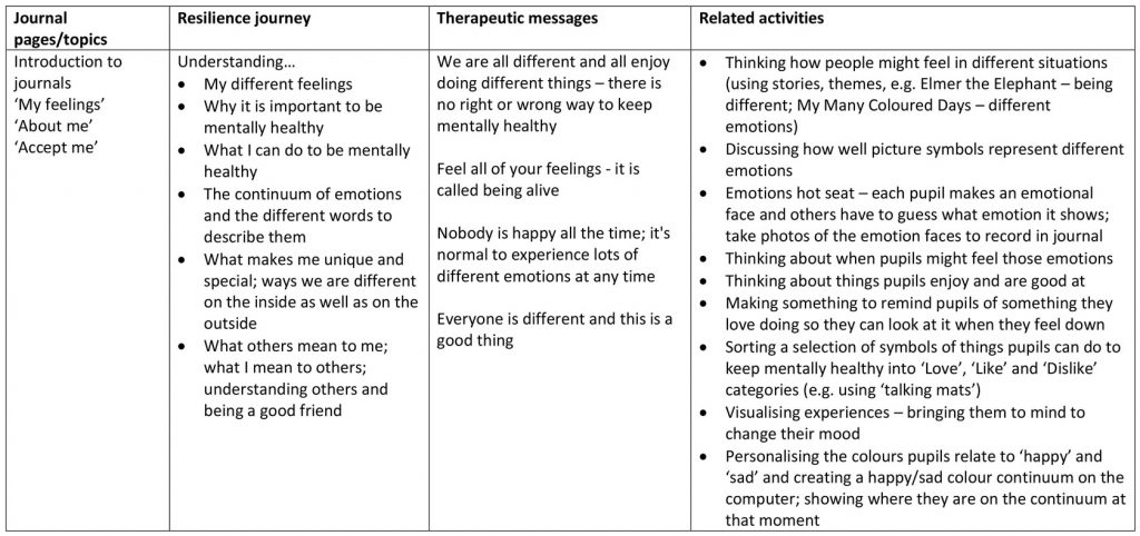 Table 1. KS2 ‘Understanding Me’ Journal adaptations (8 sessions)